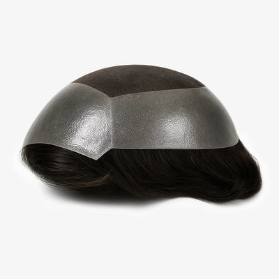 Toupet sur-mesure : calotte gris foncé aspect satiné et cheveux noirs