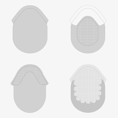 Schémas d’un toupet sur-mesure : face, dos et vue de dessus
